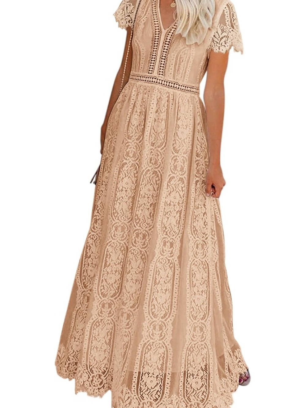 Elegant Beige Lace Maxi Dress with Cap Sleeves